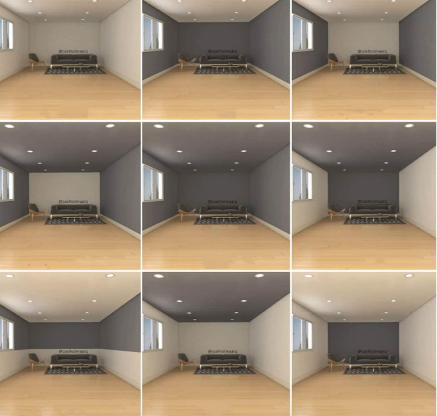 Visualisering af samme stue med forskellige væg- og loftfarver for at sammenligne indretning og belysning.